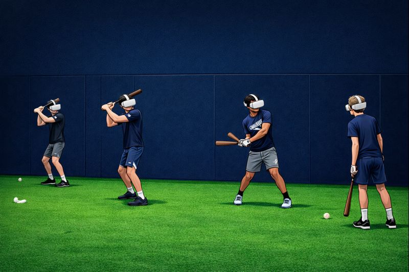 Hitters using VR training in an indoor facility